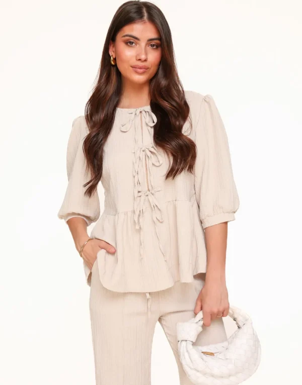 Beige Short Bow Ties Puff Sleeves Pleated-Set<Olivia & Kate Outlet