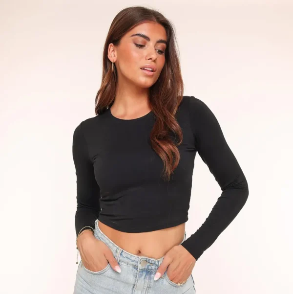 Black Basic Ls Cropped-Top<Olivia & Kate Store