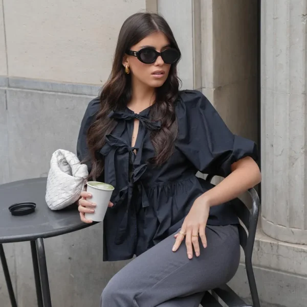 Black Bow Ties 3/4 Sleeves-Blouse<Olivia & Kate Outlet