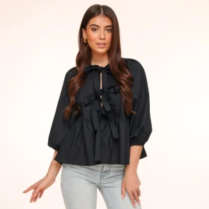Black Bow Ties 3/4 Sleeves-Blouse<Olivia & Kate Outlet