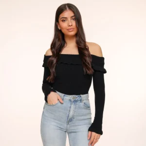 Black Elastic Ruffel Off Shoulder-Top<Olivia & Kate Cheap