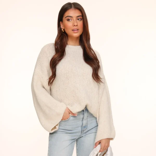Creme Wool Knitted Wide Sleeves-Sweater<Olivia & Kate Discount