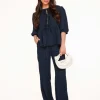 Dark Blue Short Bow Ties Puff Sleeves Pleated-Set<Olivia & Kate Hot