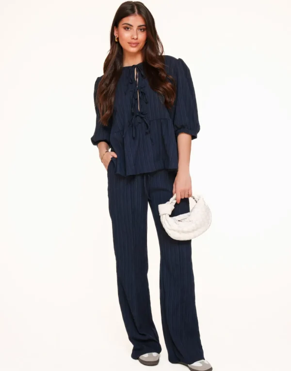 Dark Blue Short Bow Ties Puff Sleeves Pleated-Set<Olivia & Kate Hot