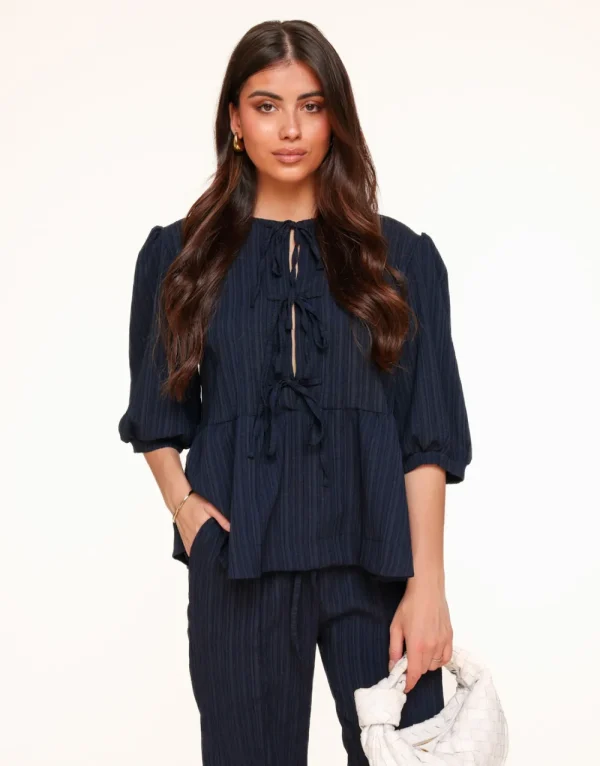 Dark Blue Short Bow Ties Puff Sleeves Pleated-Set<Olivia & Kate Hot