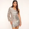 Golden Sequins One Ballon Sleeve-Dress<Olivia & Kate Store