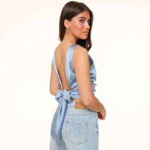 Jeans Blue Satin Open Back-Tops<Olivia & Kate Store