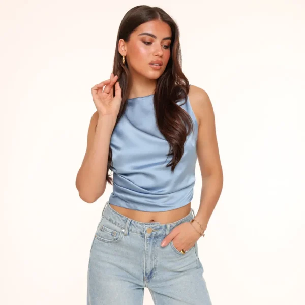 Jeans Blue Satin Open Back-Tops<Olivia & Kate Store