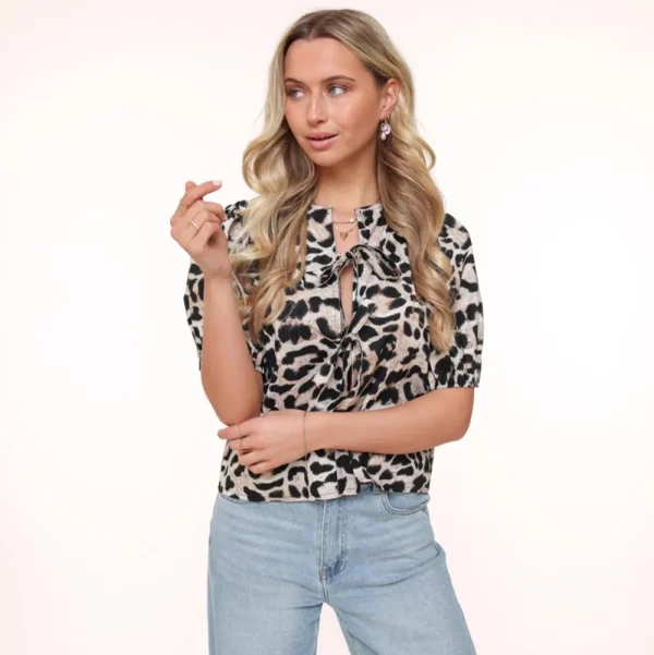 Leopard Bow Ties Short Puff Sleeves-Top<Olivia & Kate Cheap