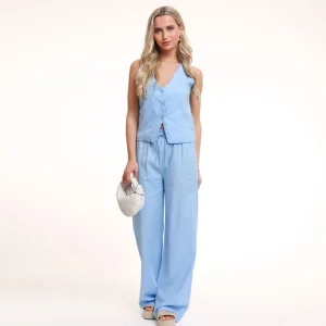 Light Blue Low V-Neck Linen-Gilet<Olivia & Kate Store