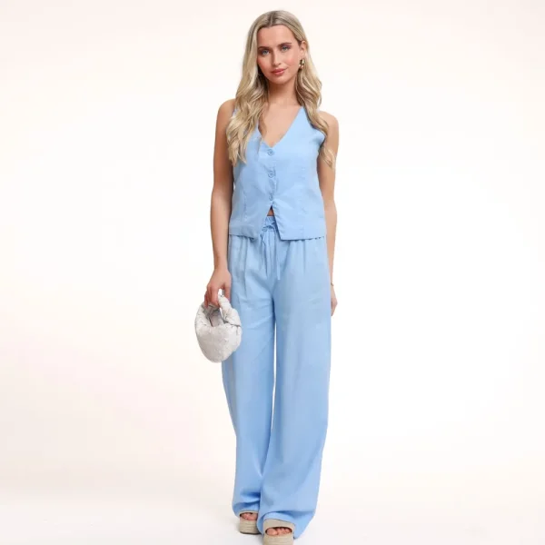 Light Blue Low V-Neck Linen-Gilet<Olivia & Kate Store
