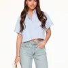 Light Blue Striped Cropped Ss-Blouse<Olivia & Kate New