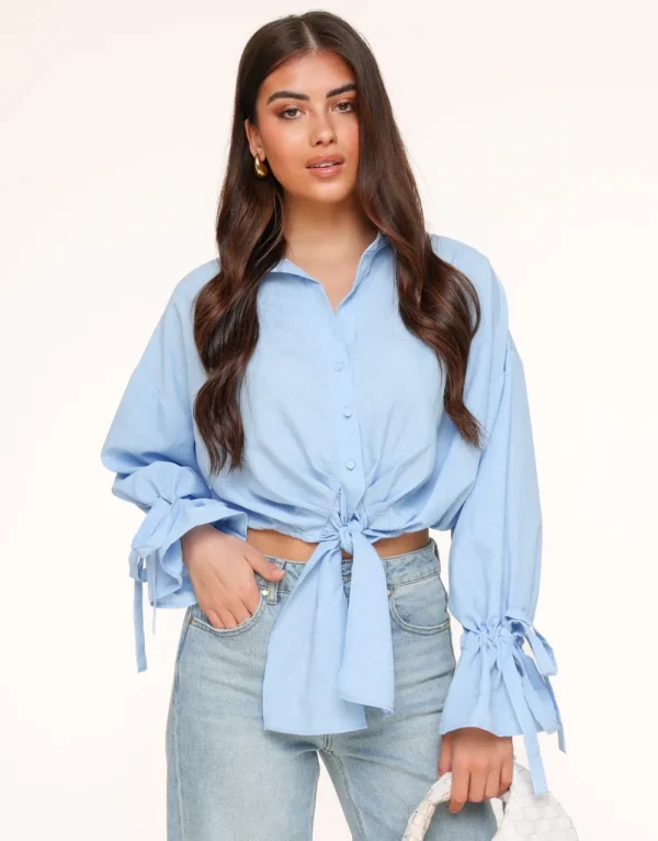 Light Blue Tied Cropped-Blouse<Olivia & Kate Clearance