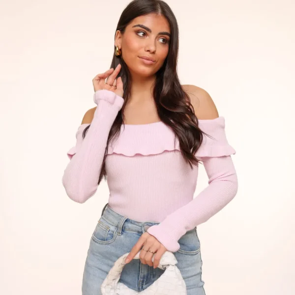 Light Pink Elastic Ruffel Off Shoulder-Top<Olivia & Kate Store