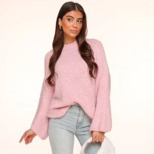 Light Pink Wool Knitted Wide Sleeves-Sweater<Olivia & Kate New