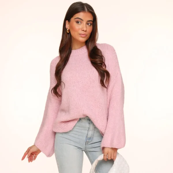 Light Pink Wool Knitted Wide Sleeves-Sweater<Olivia & Kate New