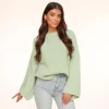 Mint Green Wool Knitted Wide Sleeve-Sweater<Olivia & Kate Clearance