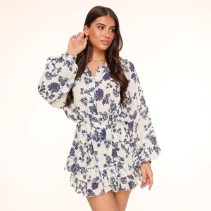 Navy Blue Flower Printed-Playsuit<Olivia & Kate Clearance