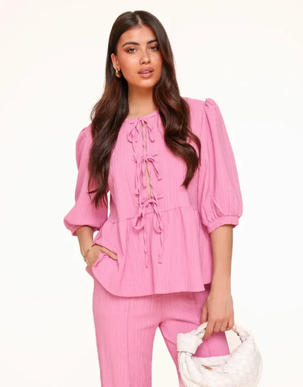 Pink Short Bow Ties Puff Sleeve Pleated-Set<Olivia & Kate Online