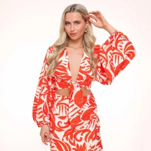Red Pattern Tie Balloon Sleeves-Top<Olivia & Kate Cheap
