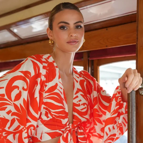 Red Pattern Tie Balloon Sleeves-Top<Olivia & Kate Cheap