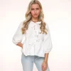 White Bow Ties 3/4 Sleeves-Blouse<Olivia & Kate Store