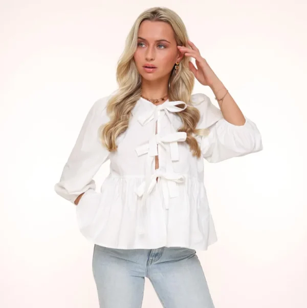 White Bow Ties 3/4 Sleeves-Blouse<Olivia & Kate Store