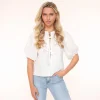 White Bow Ties Short Puf Sleeves-Top<Olivia & Kate Sale