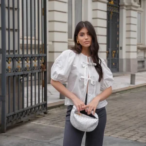White Bow Ties Short Puf Sleeves-Top<Olivia & Kate Sale
