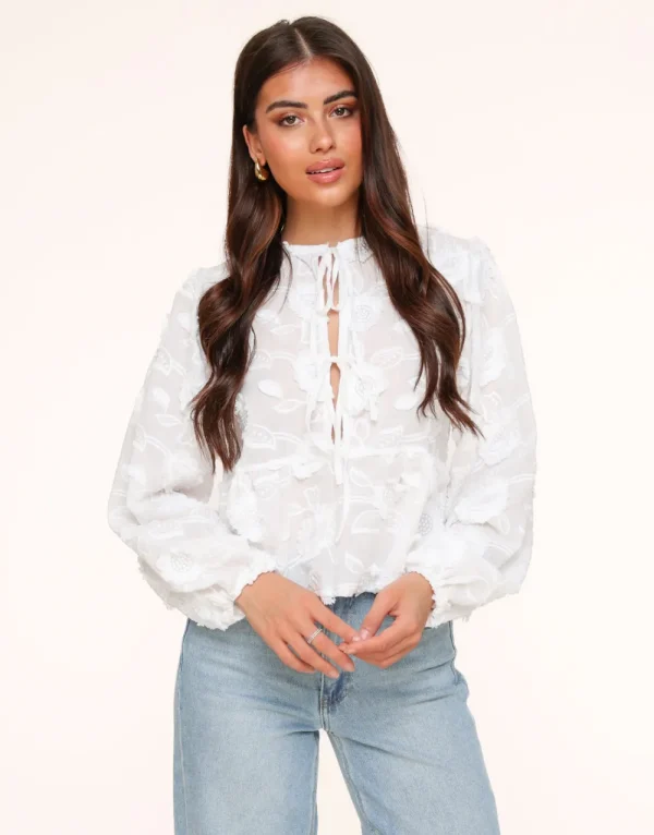 White Flowers Long Sleeves Bow Ties-Blouse<Olivia & Kate Discount