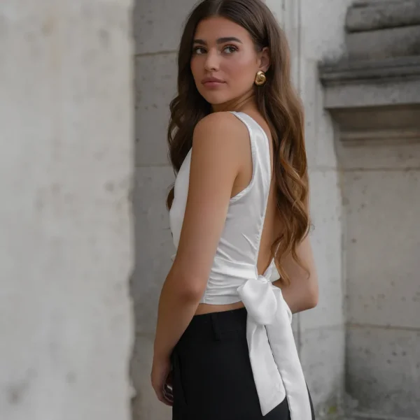 White Satin Open Back-Top<Olivia & Kate Shop